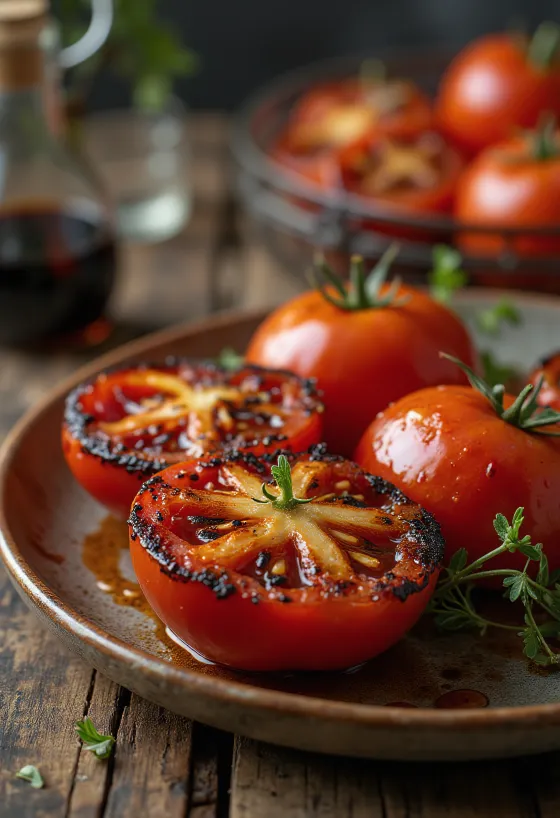 Grillowane pomidory BBQ z przypalonymi brzegami podane na talerzu