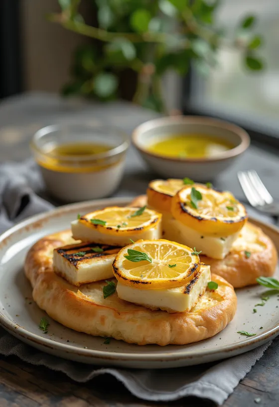 Focaccia z grillowanym halloumi i cytryną podana na stół