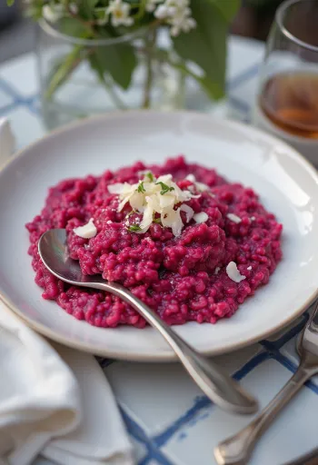 Risotto z burakami o kremowej konsystencji, podane ze świeżymi pietruszką i wegańskim parmezanem.