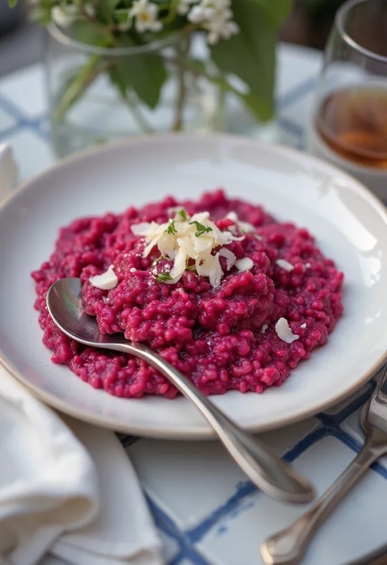 Risotto z burakami o kremowej konsystencji, podane ze świeżymi pietruszką i wegańskim parmezanem.