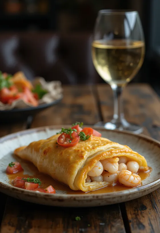 Chilijskie Empanadas z owocami morza, empanada nadziewana owocami morza, w złocistobrązowym cieście
