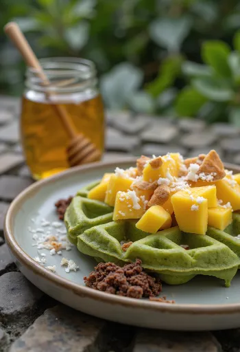 Gofry Fusion serwowane z matchą i mango