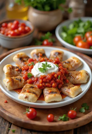Beyti Kebab podany z sosem pomidorowym i jogurtem