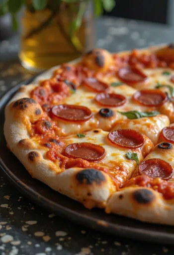 Świeżo upieczona pizza z serem wędzonym i pepperoni