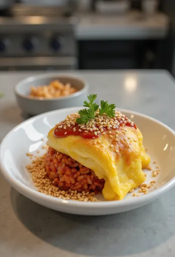 Omurice z sezamem, z miękkim omletem i pikantnym ryżem.