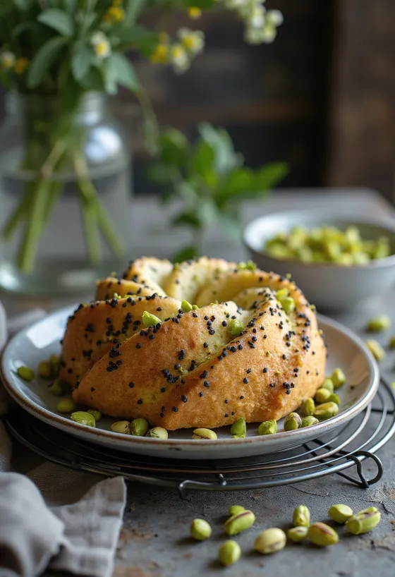 Tort makowy z pistacjami podany na talerzu
