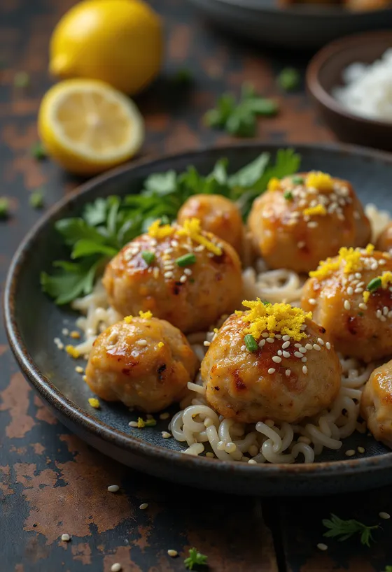 Tsukune ze skórką cytrynową, grillowane kąski z kurczaka, podawane ze skórką cytrynową i sosem sojowym.