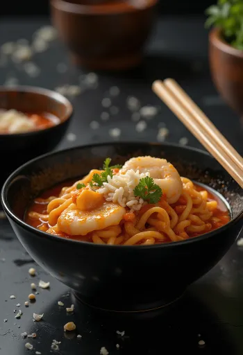 Tteokbokki z makaronem ramen, podane z sezamem i dymką