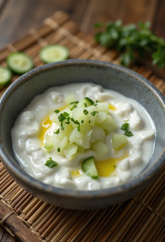 Sos ogórkowy z imbirem i koperkiem podany na stole