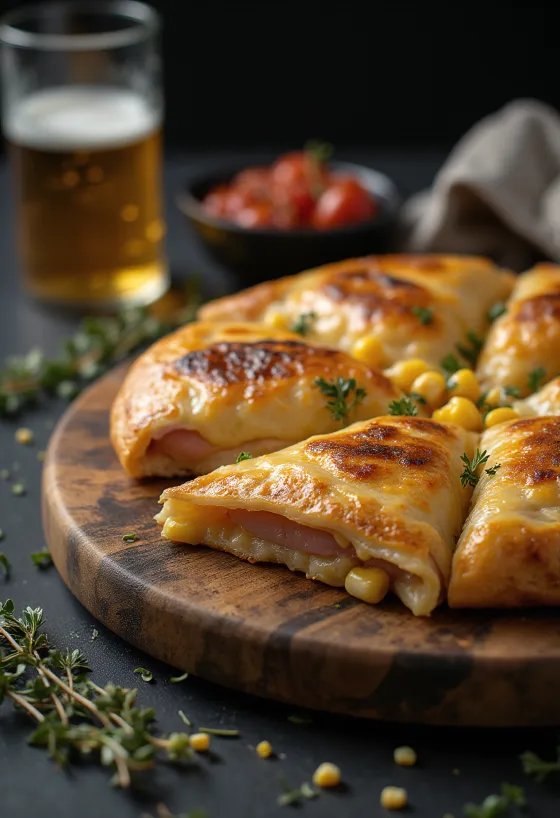 Calzone z szynką i kukurydzą upieczone na złoty kolor