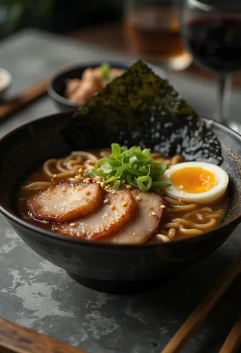 Tokushima ramen z gęstym sojowym wywarem wieprzowym, jajkiem i smażonym mięsem