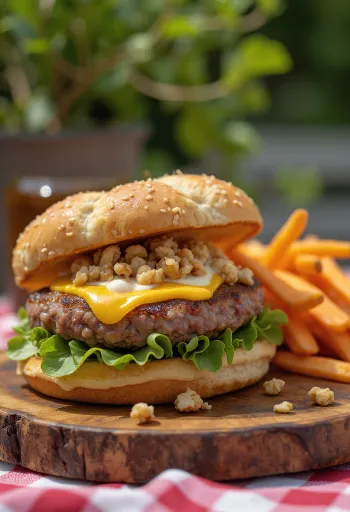 Burger z kremem orzechowym podany na talerzu