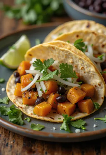 Taco z batatami, pieczonymi batatami, czarną fasolą i kolendrą