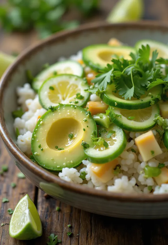 Miska poké z limonką, awokado i świeżą kolendrą na ryżu.