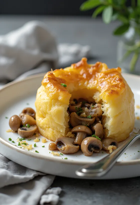 Yorkshire pudding z nadzieniem grzybowym, udekorowany świeżą pietruszką