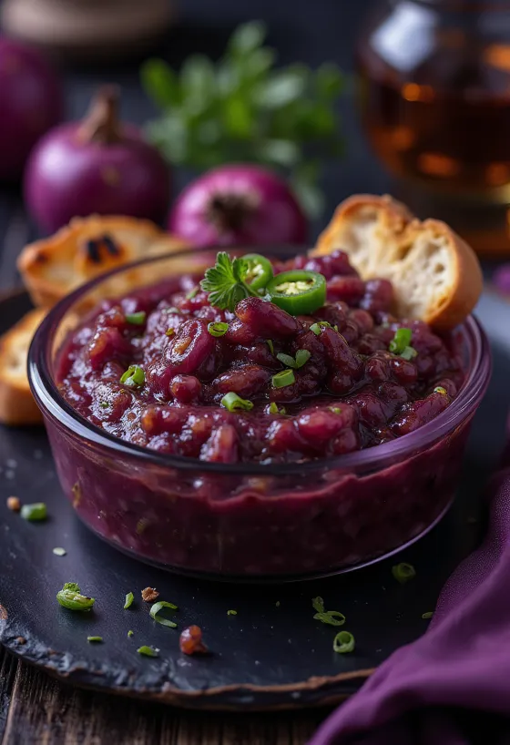 Pikantny sos z grillowanej czerwonej cebuli BBQ podany na talerzu