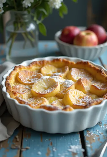 Clafoutis z jabłkami, posypany cynamonem