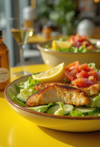 Świeża sałatka z kurczakiem z chrupiącymi warzywami i grillowaną piersią z kurczaka, z sosem balsamicznym.