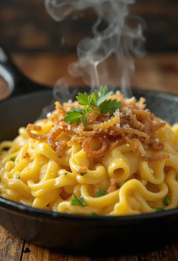 Käsespätzle, austriacki makaron z serem, wędzoną szynką i prażoną cebulą