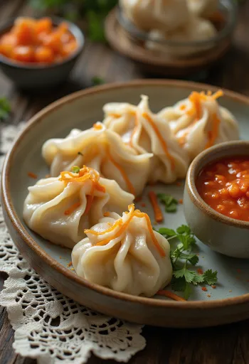 Pierożki momo podane z pikantnym sosem chili