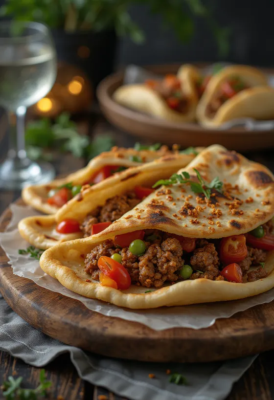 Pikantne pide z mięsem mielonym i papryczkami chili na ciemnym tle