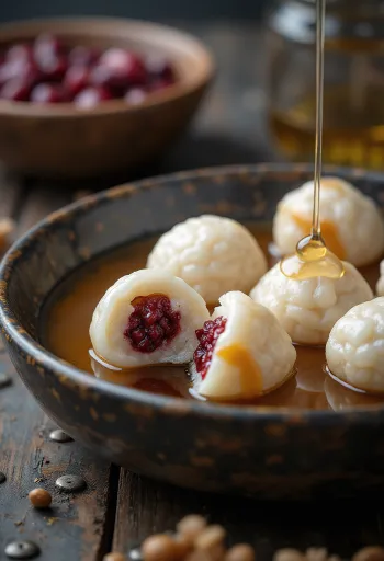 Tangyuan z pastą z czerwonej fasoli, podawane z olejem sezamowym i cukrem
