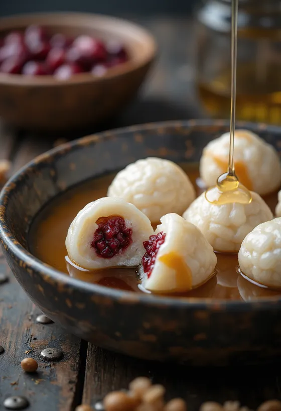 Tangyuan z pastą z czerwonej fasoli, podawane z olejem sezamowym i cukrem