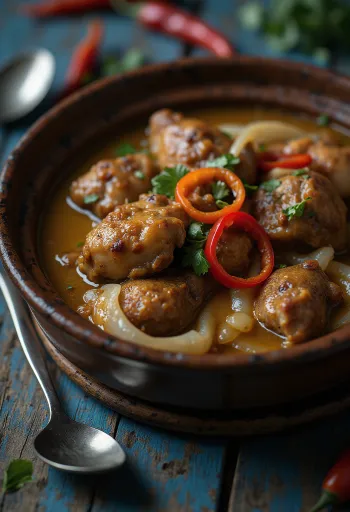 Adobo z mlekiem kokosowym, bogate, pikantne danie podawane z ryżem i kolendrą