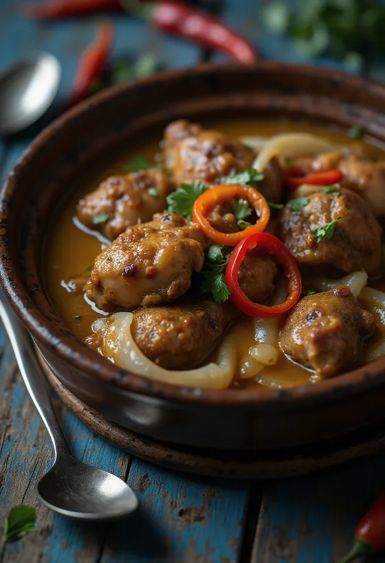 Adobo z mlekiem kokosowym, bogate, pikantne danie podawane z ryżem i kolendrą