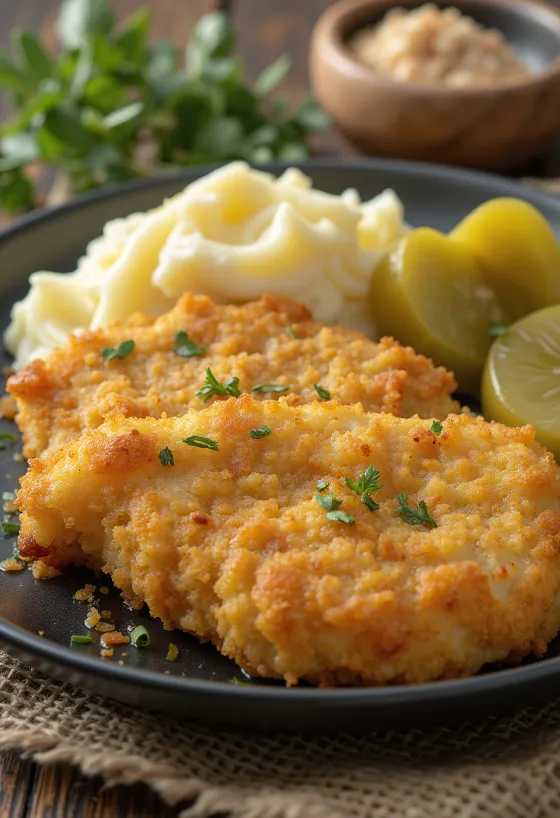Kotlet schabowy podany z puree ziemniaczanym i kiszonkami