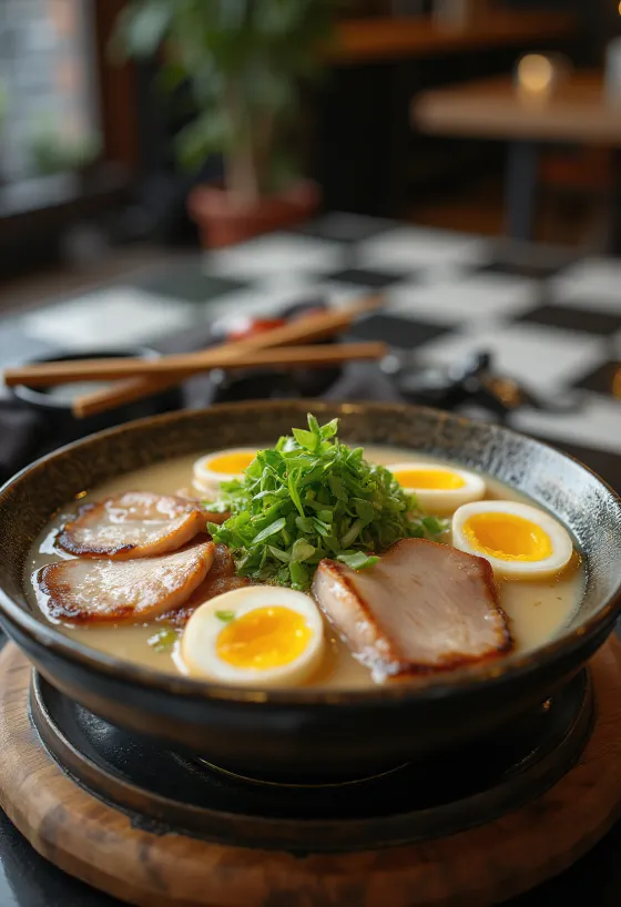 Tonkotsu ramen z kremowym wywarem i dodatkami