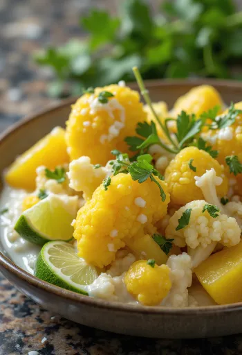 Aloo gobi z mlekiem kokosowym posypane świeżą kolendrą