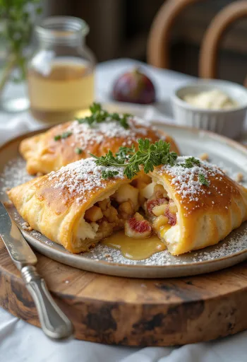 Calzone z kozim serem i miodem podane na talerzu