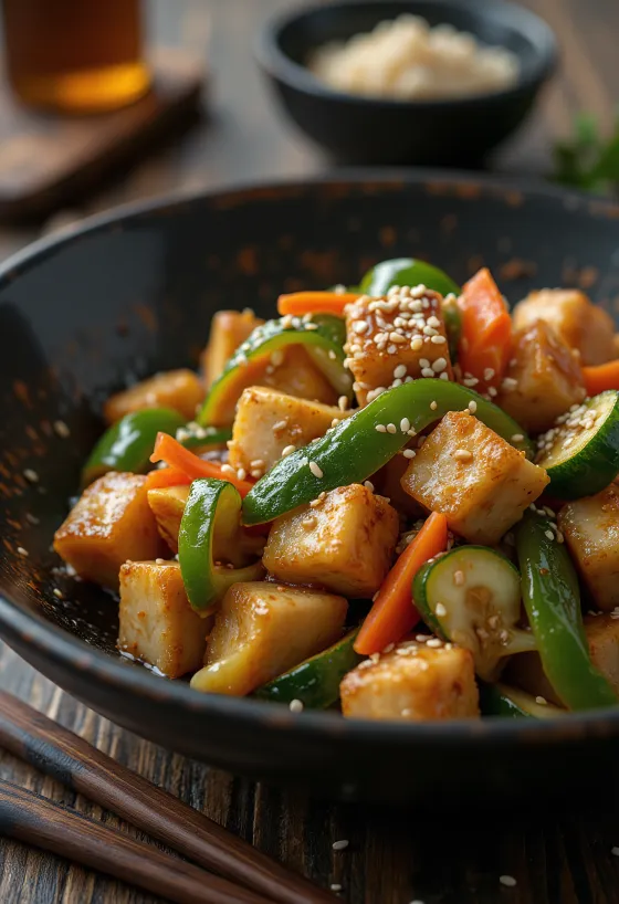 Smażone tofu podane z warzywami, kolorową papryką i sezamem