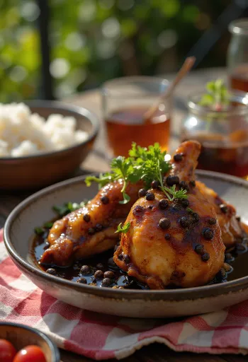 Chicken adobo w stylu filipińskim podany na talerzu
