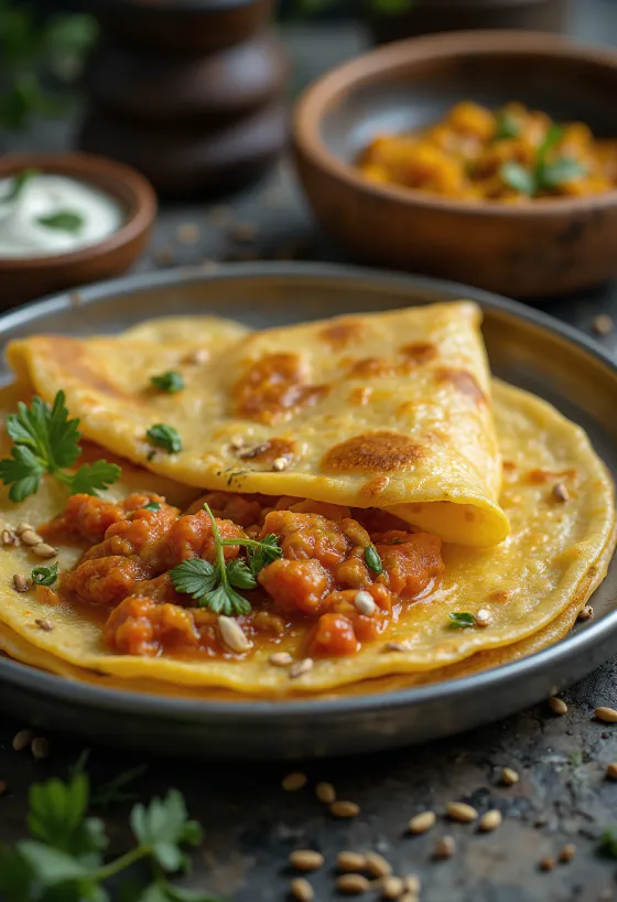 Złocista i chrupiąca chili dosa podana na liściu bananowca