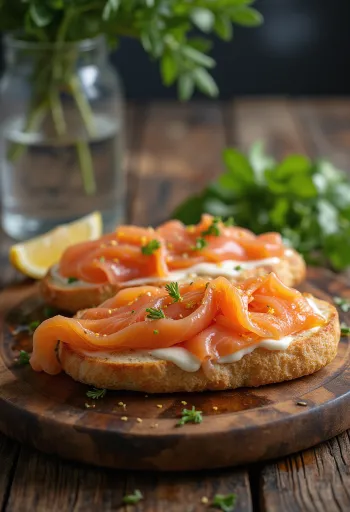Focaccia z wędzonym łososiem i koperkiem podana na stół