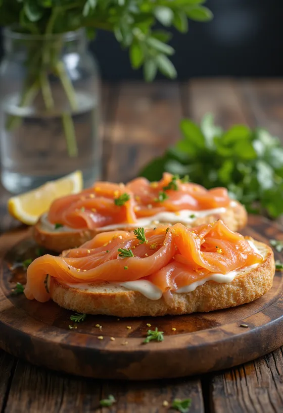 Focaccia z wędzonym łososiem i koperkiem podana na stół