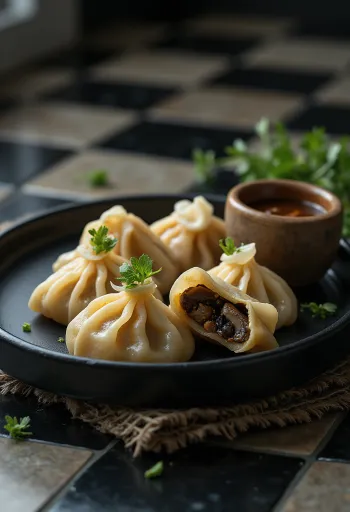 Pierożki momo z farszem grzybowym na parze