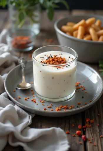 Przyprawiony kefir podawany w szklance, posypany papryką i pieprzem
