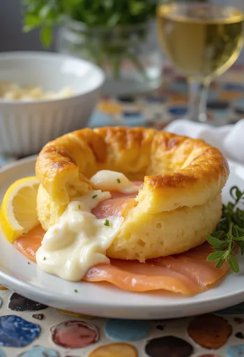 Yorkshire pudding z wędzonym łososiem, udekorowany koperkiem i sokiem z cytryny