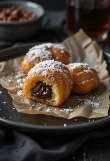 Zeppole z kremem czekoladowym, złocistobrązowy pączek z kremem czekoladowym na wierzchu