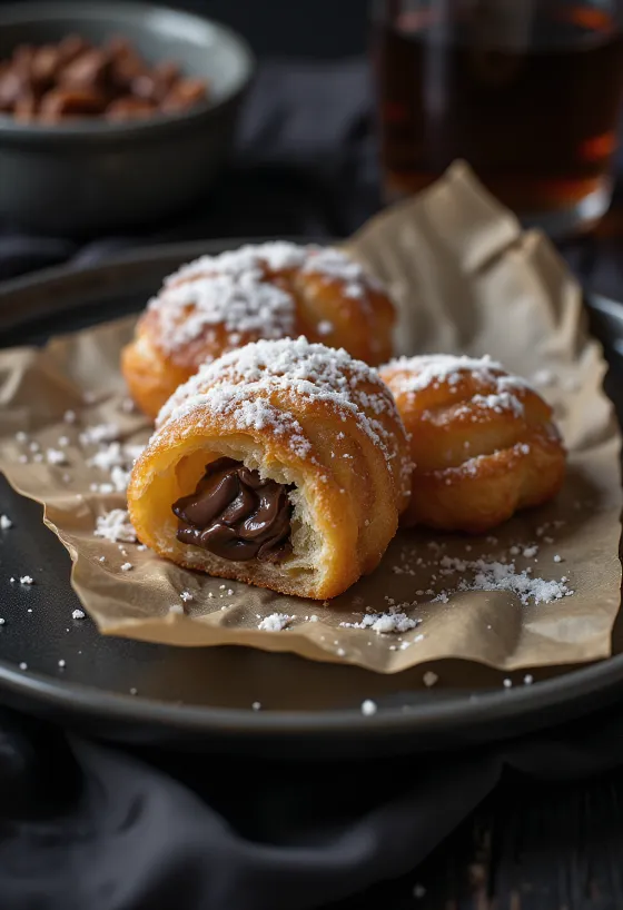 Zeppole z kremem czekoladowym, złocistobrązowy pączek z kremem czekoladowym na wierzchu