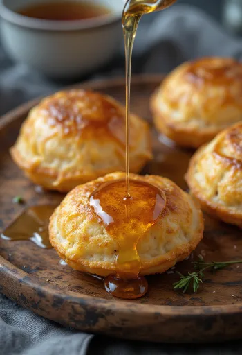 Æbleskiver słodzone miodem, świeże i miękkie pączki podane