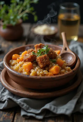 Cuchuco con chicharrón, z chrupiącą wieprzowiną i przyprawionymi warzywami