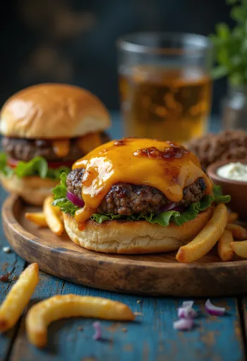 Burger z wędzonym serem podany na talerzu