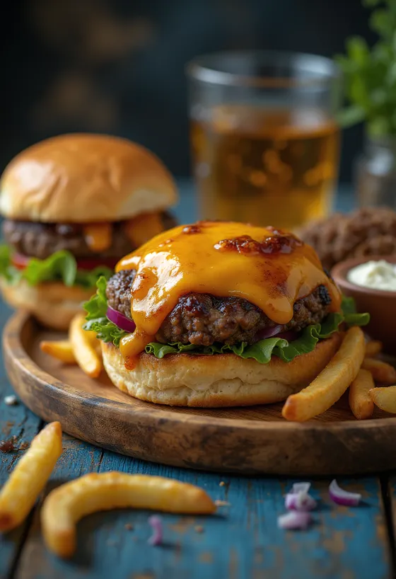 Burger z wędzonym serem podany na talerzu
