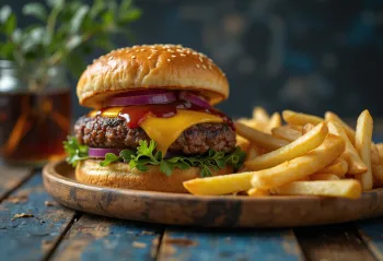 Burger z wędzonym serem podany na talerzu