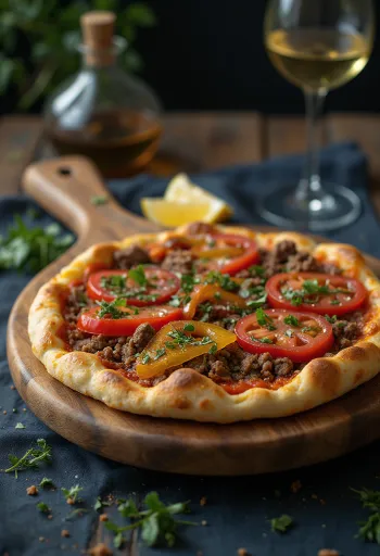 Turecki lahmacun z chrupiącym cienkim ciastem i nadzieniem z mięsa mielonego