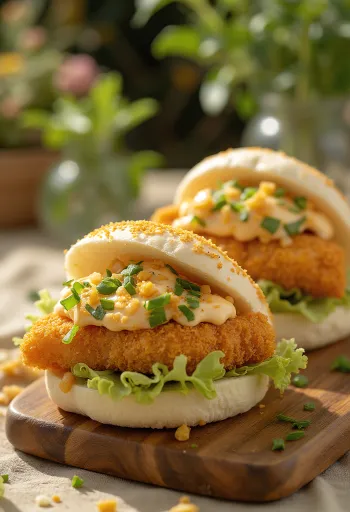 Bao bun z chrupiącą rybą w panko podane na talerzu